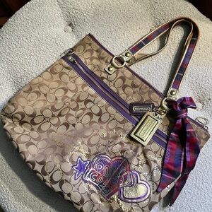 Coach Brown and Purple Shoulder Bag with Signature Logo